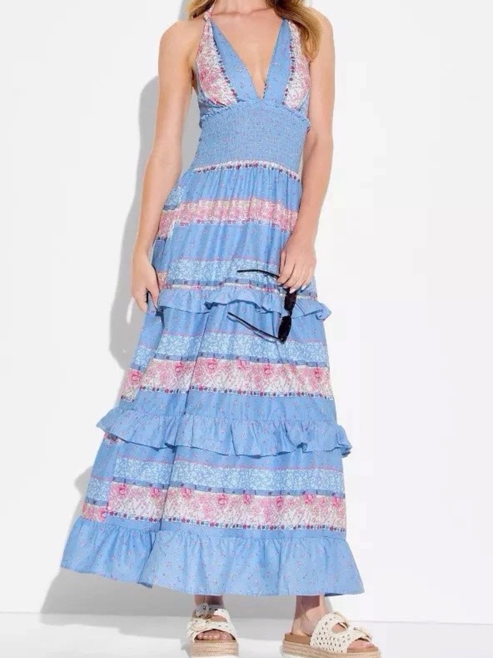 Smocked Halter Blue Floral Maxi Dress with Pink Accents
